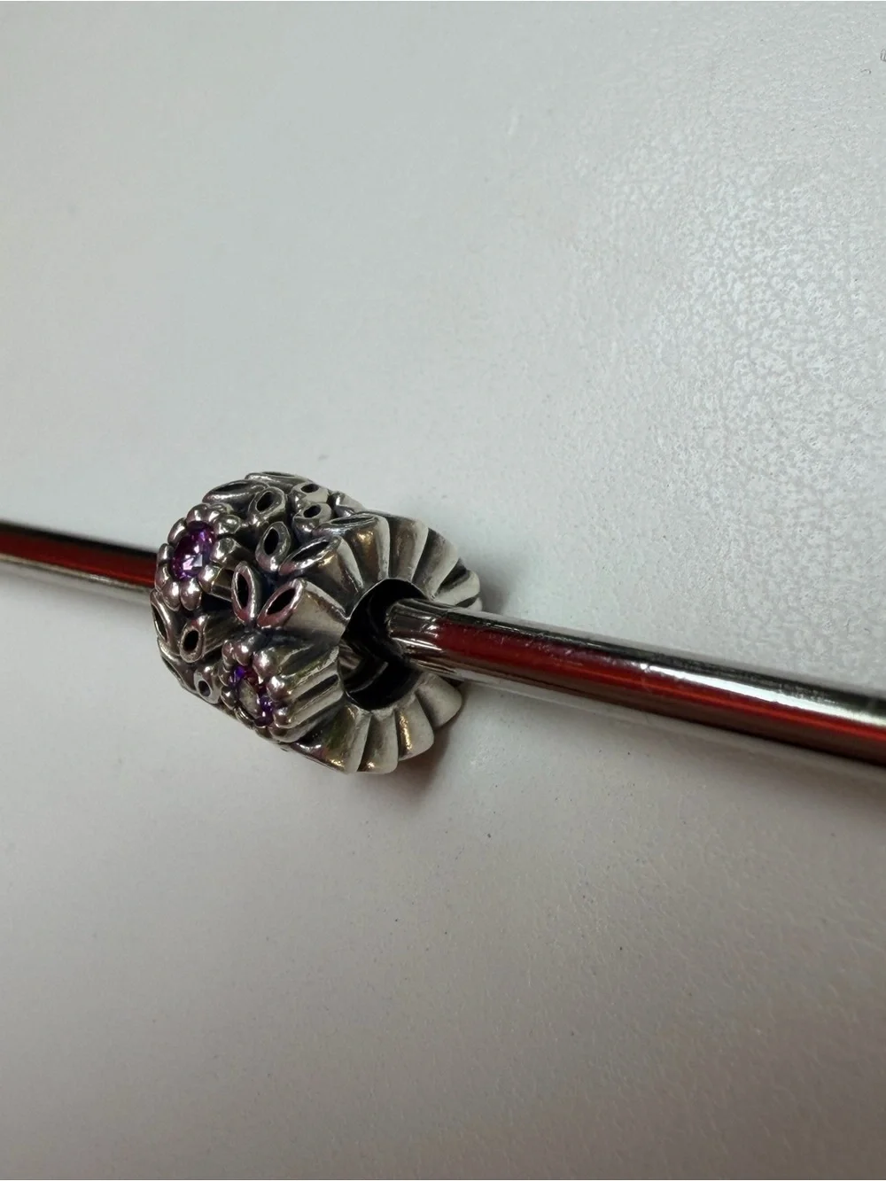 Pandora 2x Flower Spacers Sterling Silver Floral Charm Bead with purple gem